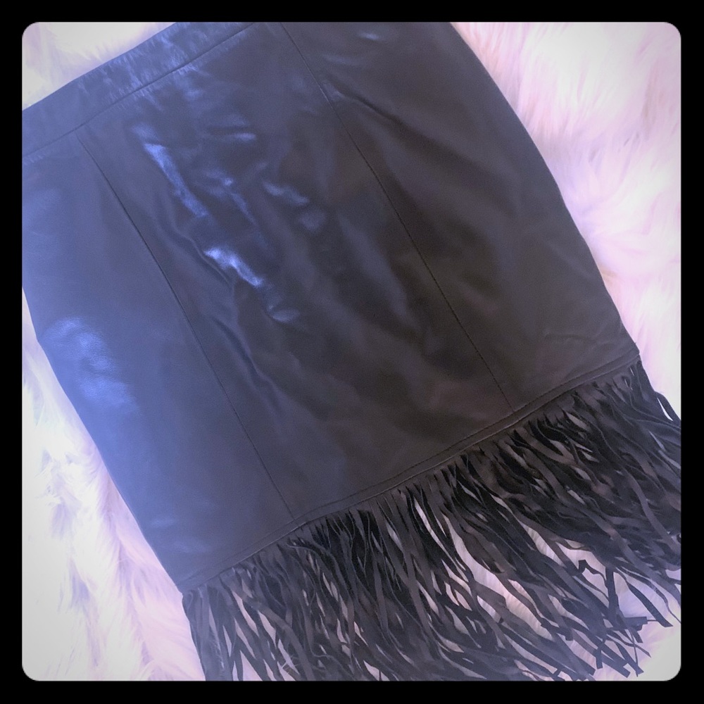 Neiman Marcus 100% Genuine Leather Fringe Skirt